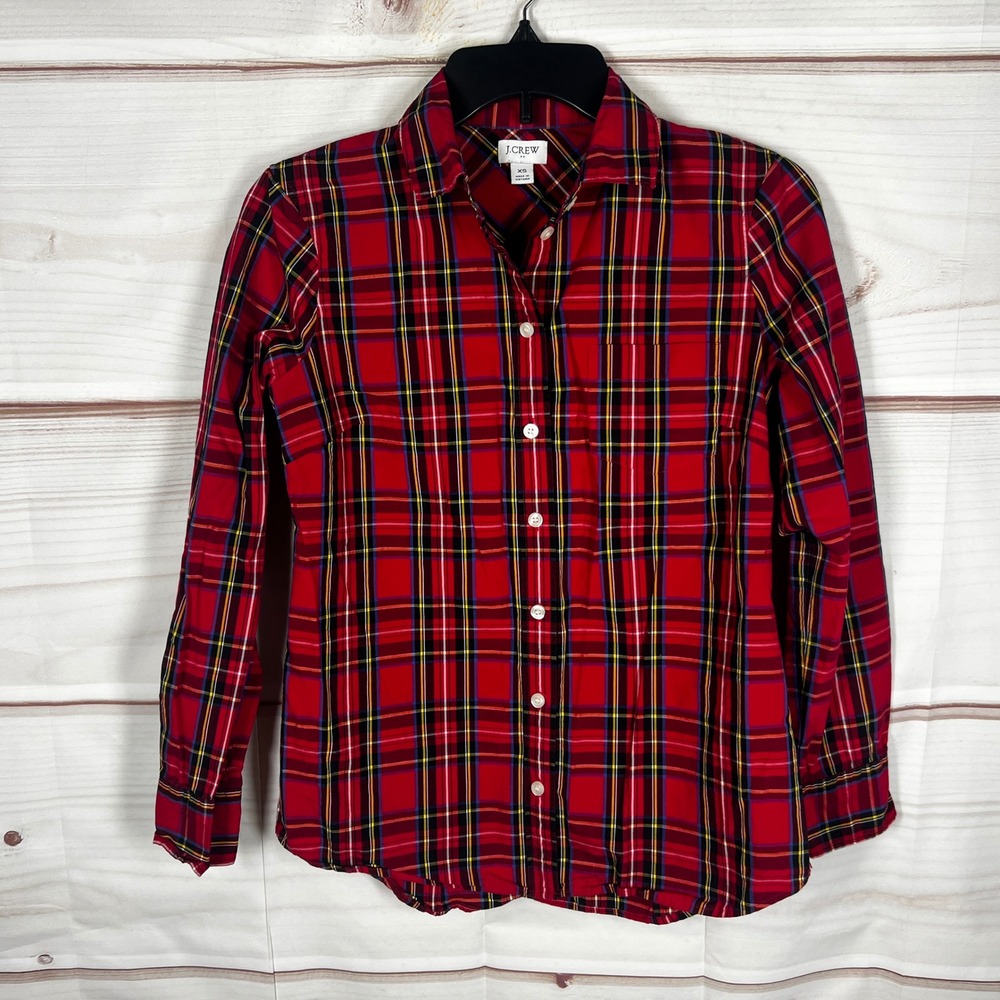 J.Crew Plaid Button Down Shirt Women XS Red Tartan Cotton Long Sleeve Top Collar